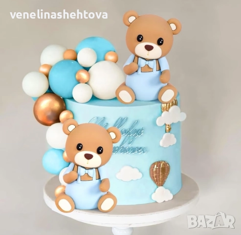 Комплект фигурка мече със сини дрехи 30 броя топчета топки на тел от стиропор за декорация на торта , снимка 2 - Други - 52942322