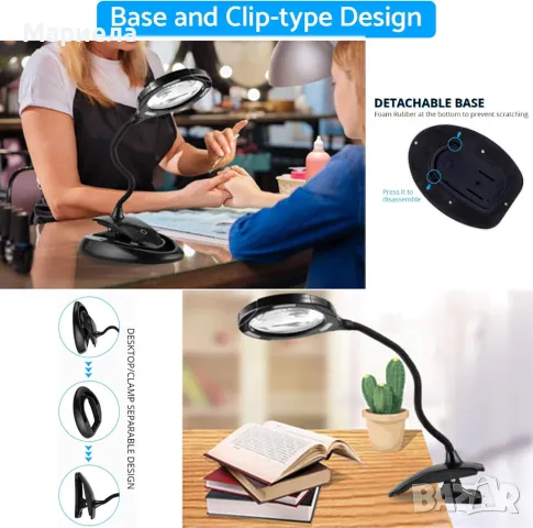 LED акумулаторна лупа-х5;х10 със светлина/2-в-1 настолна лампа и скоба 3 цветни режима, снимка 4 - Други стоки за дома - 48750924