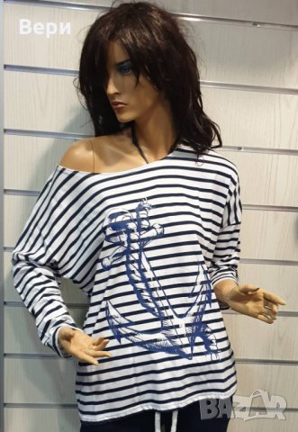 Нова дамска моряшка блуза с паднало рамо, трансферен печат Котва, снимка 10 - Блузи с дълъг ръкав и пуловери - 28375572