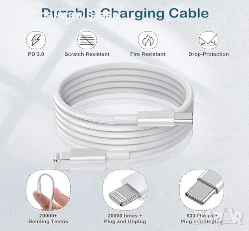 Ново 20W PD Зарядно за iPhone + USB-C към Lightning Кабел 2 метра Айфон адаптер, снимка 9 - Аксесоари за Apple - 51678434