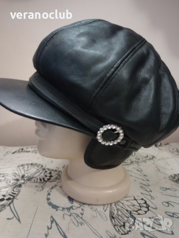 Дамски каскет Естествена кожа Черен, снимка 4 - Шапки - 43424656
