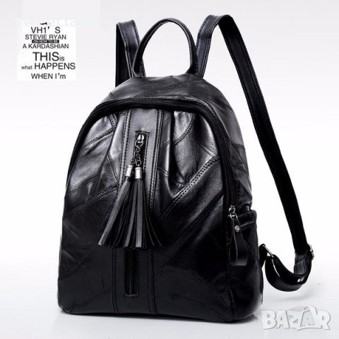 Модна дамска раница с пискюл от еко кожа