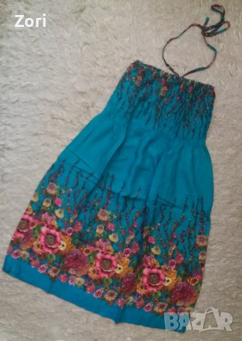 Тюркоазена рокля на цвета с ластично деколте тип бюстие, снимка 1 - Рокли - 37717259