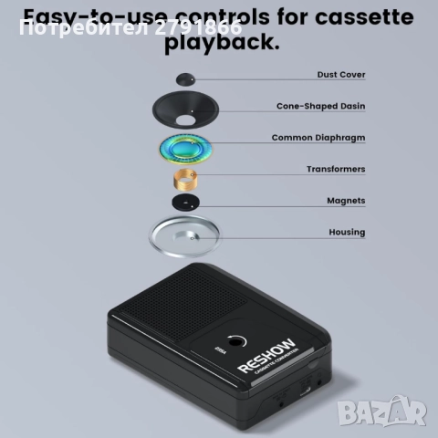 Преносим касетофон Reshow с USB C вграден високоговорител, конвертор от касета в MP3, снимка 3 - Радиокасетофони, транзистори - 52047562
