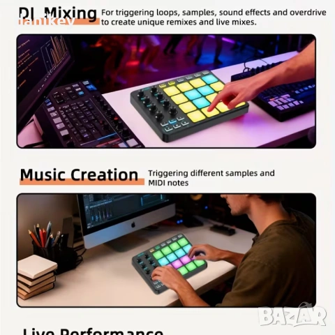 JAMJUM MIDI JP-1 – нов безжичен контролер с 16 RGB падa, снимка 3 - Синтезатори - 53225269