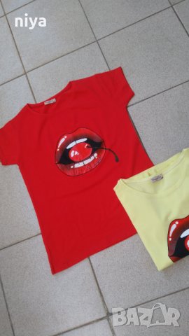 Тениска със устни и череша - Размер- С и М , снимка 2 - Тениски - 25610909