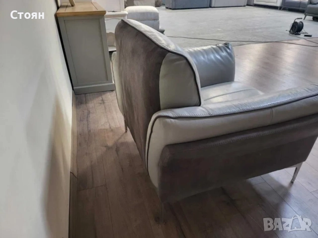 Сив фотьойл от кожа и плат, снимка 10 - Дивани и мека мебел - 52010789