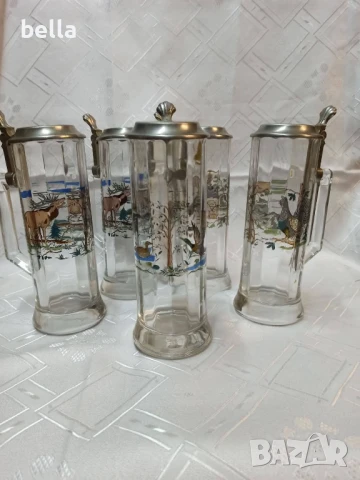 Немски стари стъклени масивни халби 5 броя с животни ,доста масивни 23 см височина.