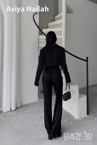 Дамски черен костюм от 3 части – сако, топ и широк панталон, снимка 5 - Костюми - 52792791