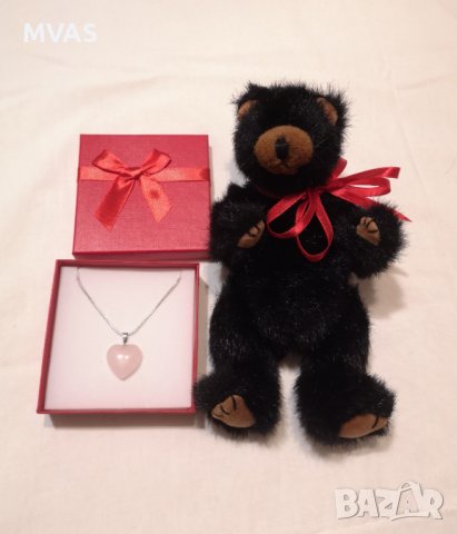 Ново Колие Сърце с играчка черно мече посребрено с розов кварц подарък за жена, снимка 2 - Романтични подаръци - 37693038