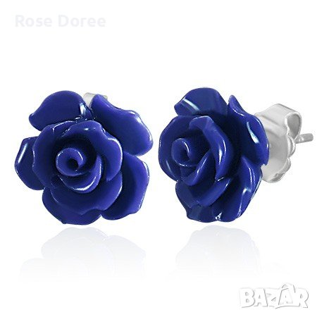 Обеци синя виолетова или червена роза стомана и смола резин, снимка 3 - Обеци - 43203874