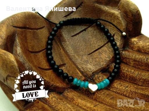 Дамска гривна от оникс, кварц и сребърно сърце, снимка 4 - Гривни - 27898487