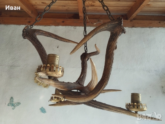 Стар полилей от 3 еленови рога , снимка 2 - Антикварни и старинни предмети - 52560920
