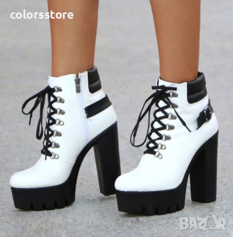 Боти на ток - бяла кожа с черно ходило - BT14, снимка 2 - Дамски боти - 38255388
