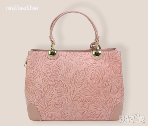Дамска чанта от естествена кожа с ефектна щампа в розово, снимка 2 - Чанти - 34676979