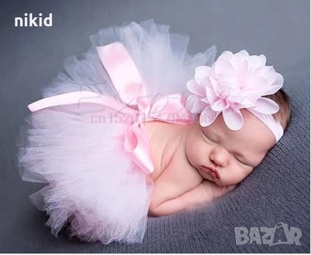 Светло бебешко розова туту пола пачка поличка лента с пандела за глава за бебе фотосесия фото декор, снимка 1 - Комплекти за бебе - 28158046