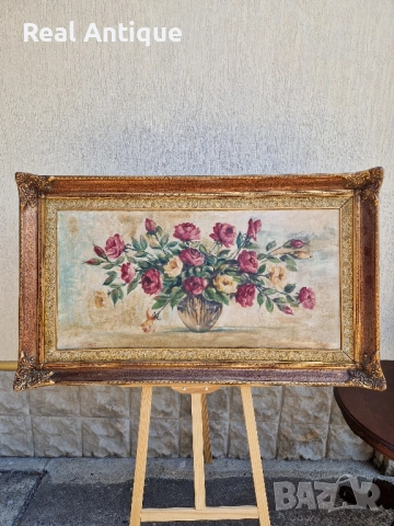 Натюрморт голям антикварен масло платно автор рамка , снимка 2 - Картини - 51686446