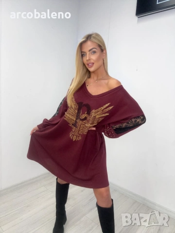 Дамски овърсайз суичър (туника ) с принт и пайети на орел, 2цвята , снимка 6 - Рокли - 53586926