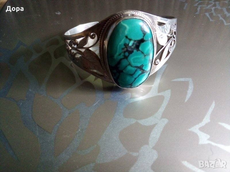 Стара масивна сребърна гривна с естествен тюркоаз, снимка 1