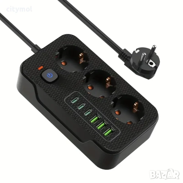 Разклонител с 3 гнезда, 3 USB и 3 TYPE C изхода, метра кабел, снимка 1