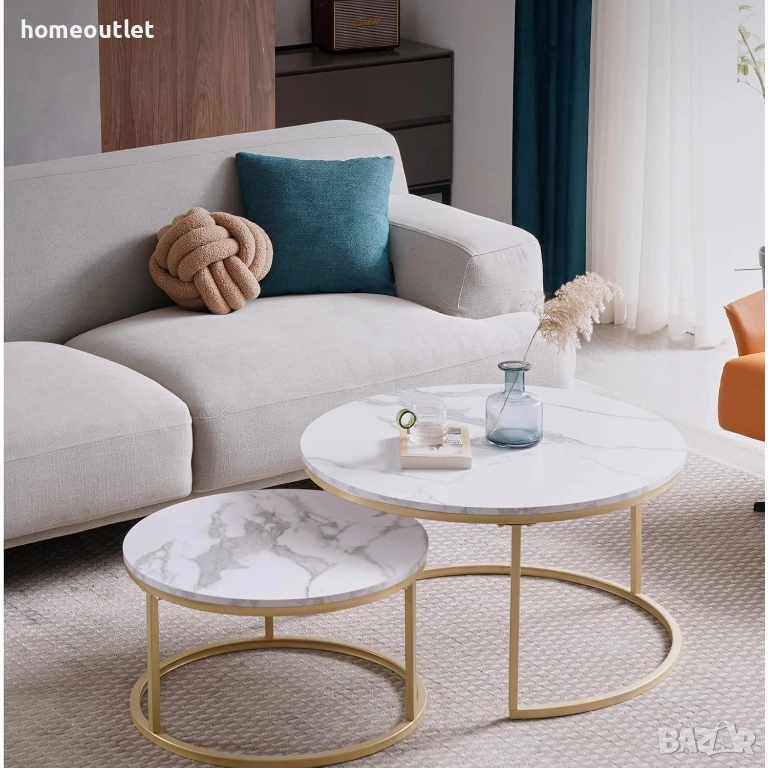 Холни маси с MDF плот имитиращ мрамор и златиста основа (к-кт от 2 бр.) AZKOEESY W43216167, снимка 1