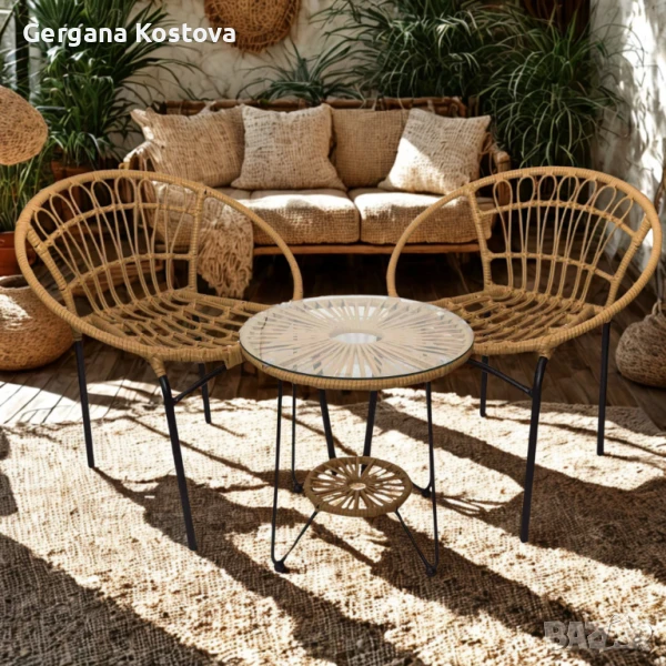 Бохо градински комплект – 3 части в натурален PVC ратан и метал, снимка 1