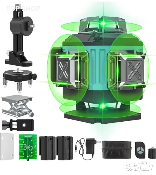 4x360° 4D зелен лазерен нивелир с кръстосана линия с 2 акумулаторни батерии, снимка 1