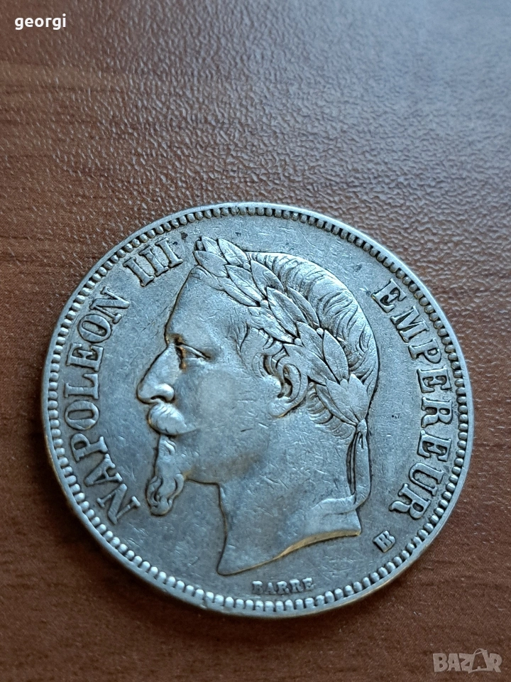сребърна манета 5 франка Наполеон III сребро, снимка 1