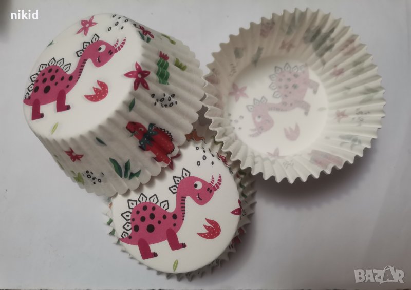 50 бр хартиени капсули бели Динозавър Динозаври кошнички за кексчета мъфини парти, снимка 1