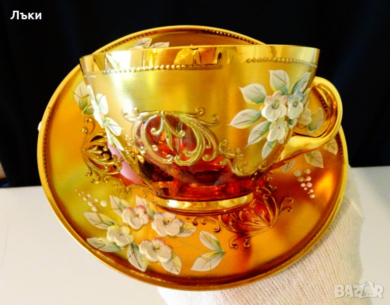 Bohemia кристална чаша с чиния,злато., снимка 1