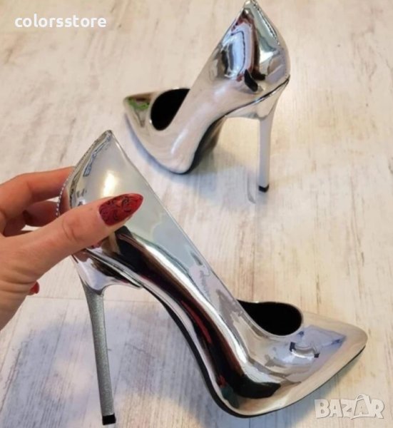 Обувки на ток - сребрист лак със сребрист ток - 6060, снимка 1