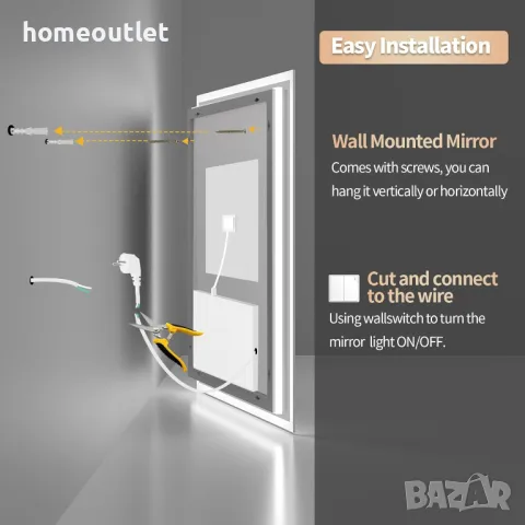 ПРОМОЦИЯ Стенно огледало с LED осветление и квадратна форма LUVODI XMR-Z18-816-EU, снимка 3 - Огледала - 49677263
