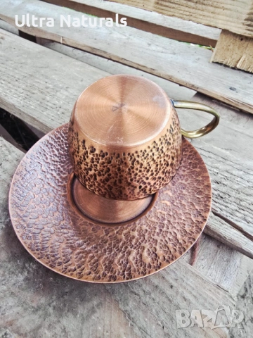 Медна чаша с чинийка употребявана, ръчно изработена, снимка 6 - Чаши - 53126449