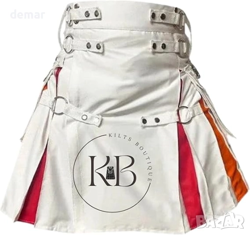 Мъжки килт Rainbow Pride Utility, бял памучен хибрид, найлонови презрамки, цветни плисета, 132 см, снимка 3 - Други - 51722766