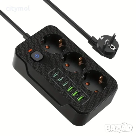 Разклонител с 3 гнезда, 3 USB и 3 TYPE C изхода, метра кабел