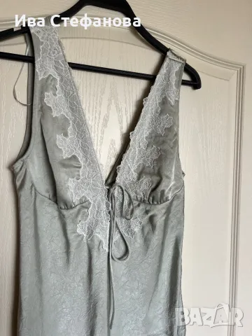 Уникална сатен сатенена нова дълга елегантна светло ментово зелена рокля тип комбинизон дантела , снимка 3 - Рокли - 49832441