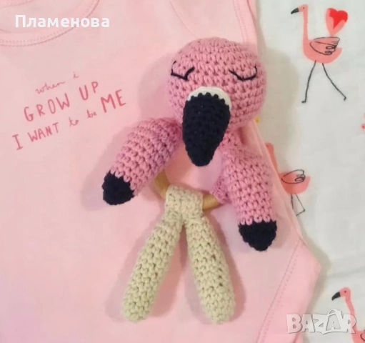 Плетени бебешки дрънкалки Фламинго и Папагалче, снимка 2 - Дрънкалки и чесалки - 44339001