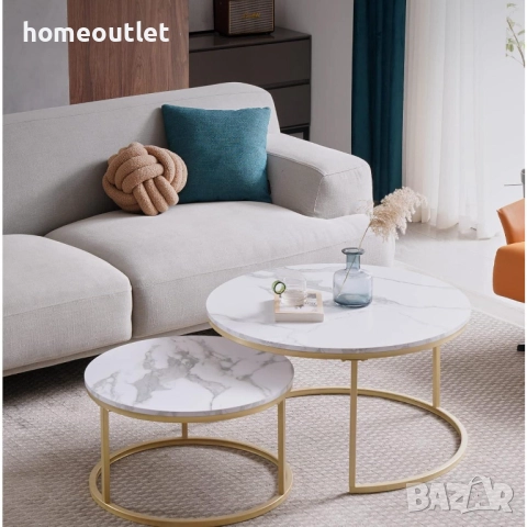 Холни маси с MDF плот имитиращ мрамор и златиста основа (к-кт от 2 бр.) AZKOEESY W43216167