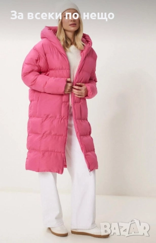 Дамско Дълго Розово Зимно Яке Със Силиконов Пълнеж И Качулка Код S10, снимка 2 - Якета - 52393453