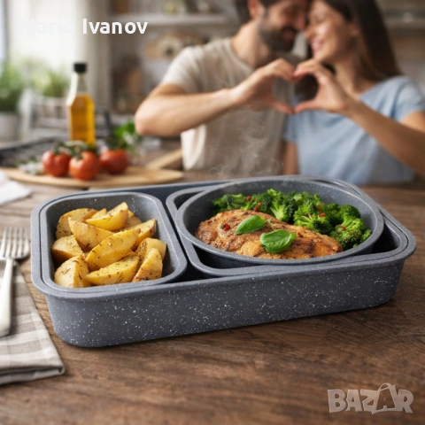 Комплект 4 тави за печене Cheffinger с мраморно незалепващо покритие – различни форми, компактно под, снимка 4 - Съдове за готвене - 53176948