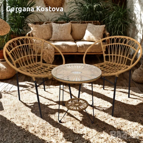 Бохо градински комплект – 3 части в натурален PVC ратан и метал, снимка 1
