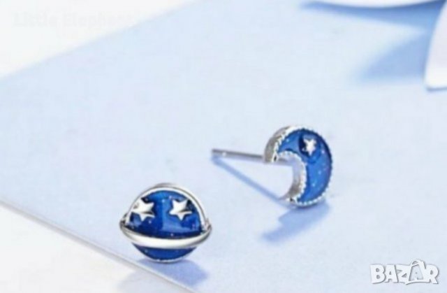 Outlet Sale Сребърни звездни обеци планета и луна,blue/нови, снимка 1 - Колиета, медальони, синджири - 37818412