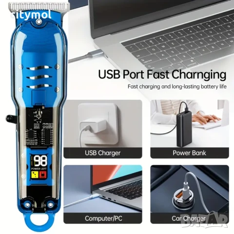 Машинка за подстригване, прозрачна, с ножове от неръждаема стомана, Li-Ion батерия, LED дисплей, снимка 3 - Машинки за подстригване - 50564897