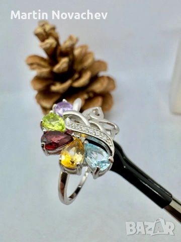 Сребърен пръстен с естествени камъни, снимка 12 - Пръстени - 53211206