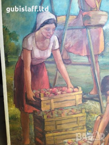Картина, "Ябълкова градина", соц. период, 132х102 см., снимка 6 - Картини - 34591173