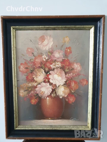 Gustavus 50х40см/малка стара картина масло върху платно/натюрморт ваза с цветя/дървена рамка