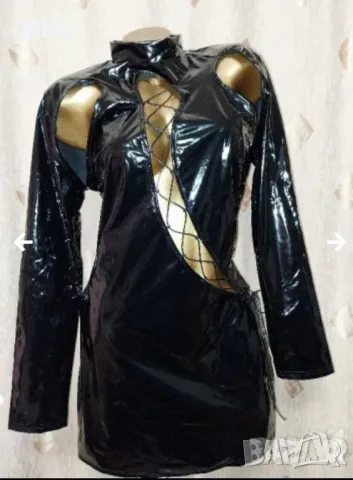 L Черна, еластична рокля от лак / винил/ с дълъг ръкав, снимка 6 - Рокли - 47684792