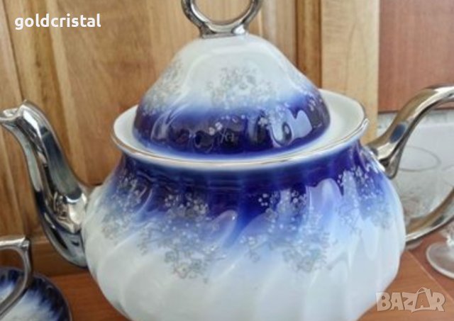 Порцеланов сервиз за чай кобалт и сребро , снимка 2 - Антикварни и старинни предмети - 43187696