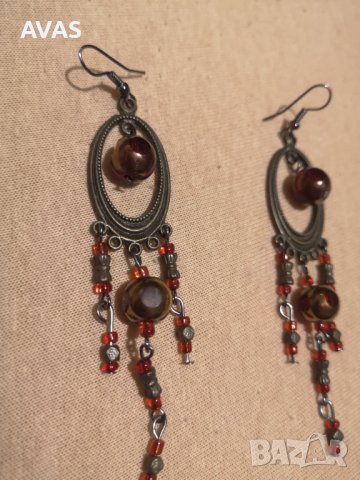 Нови дълги обеци кафяво червено, снимка 2 - Обеци - 36685738