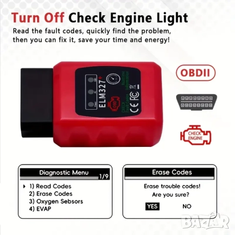 OBDII EOBD диагностичен скенер ELM327 V1.5 с Bluetooth 5.4 за IOS/Android/PC , снимка 5 - Аксесоари и консумативи - 52313752